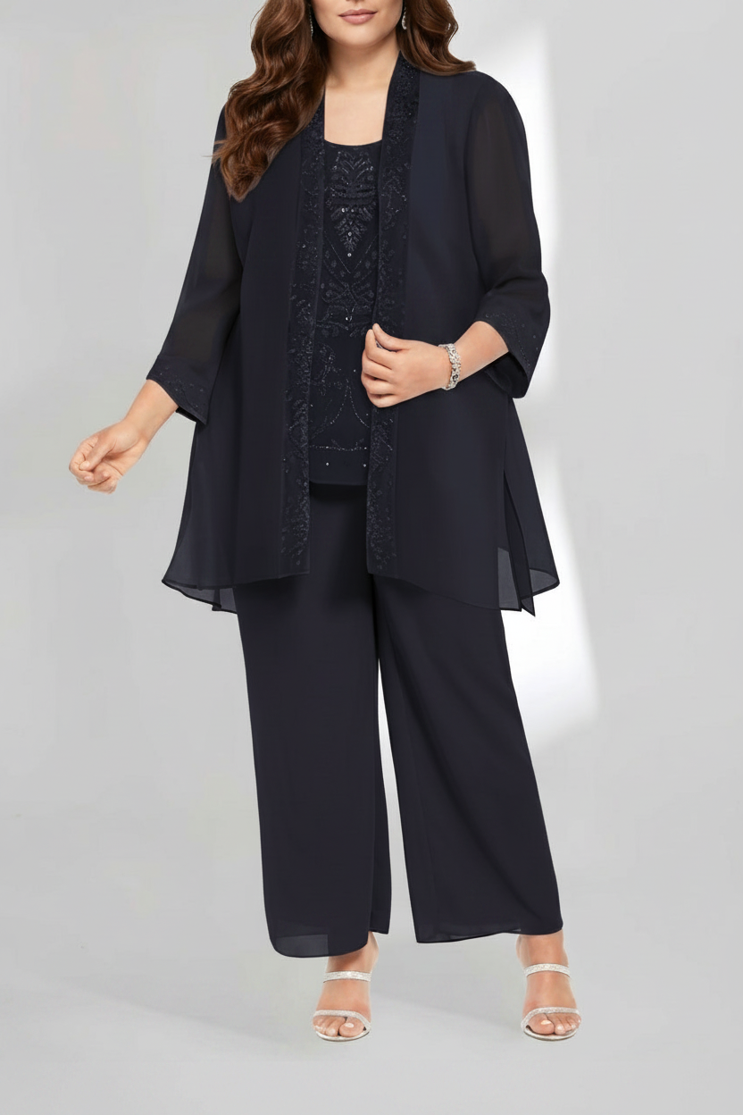 Chiffon Scoop Ankle-Length Plus Size Mother of the Bride Pantsuits with Jacket