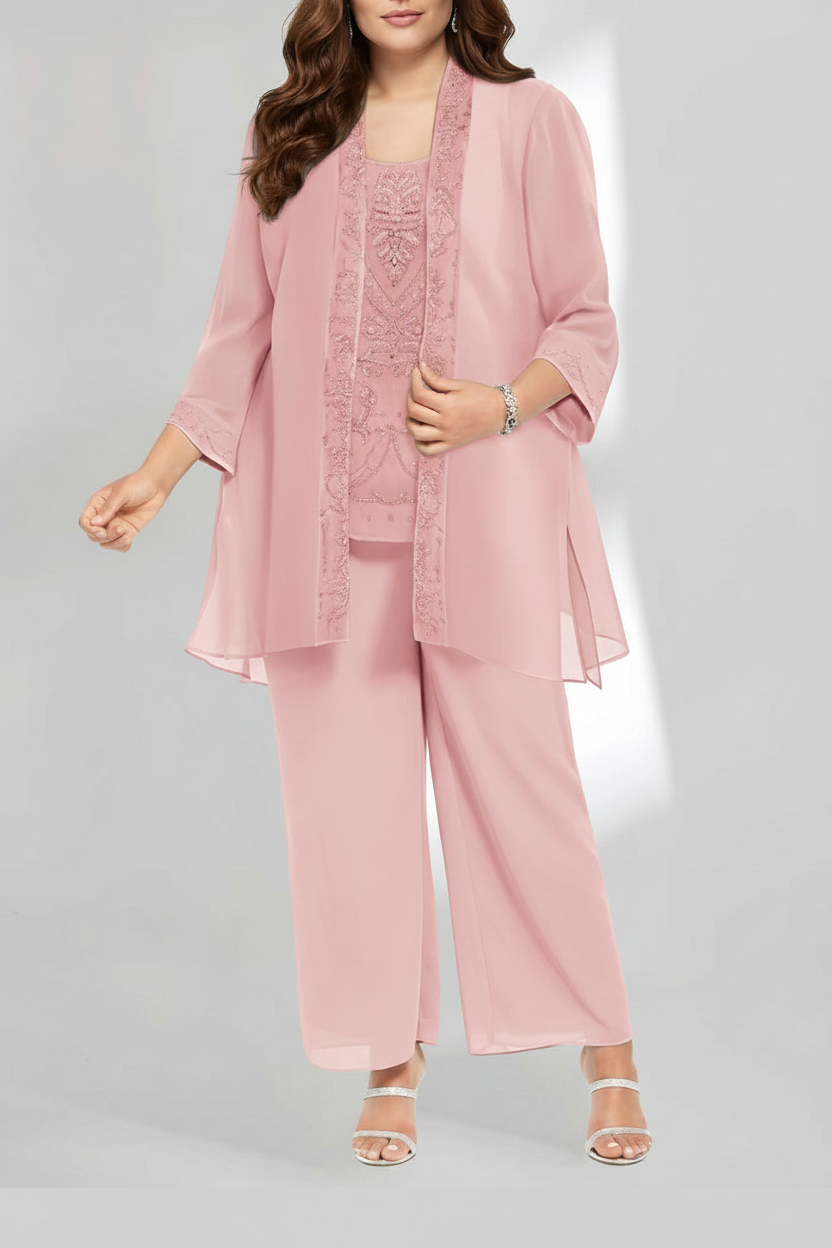 Chiffon Scoop Ankle-Length Plus Size Mother of the Bride Pantsuits with Jacket