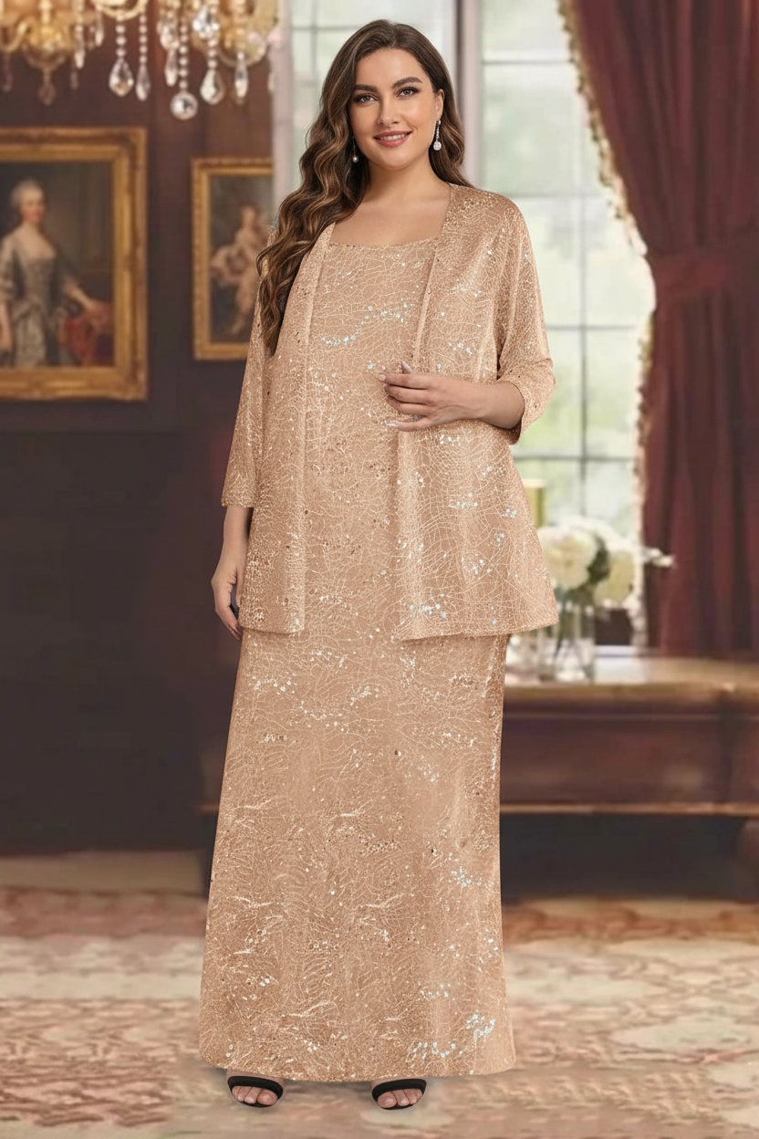 Chiffon Scoop Ankle-length Plus Size Mother of the Bride Dresses with Sequins & Jacket