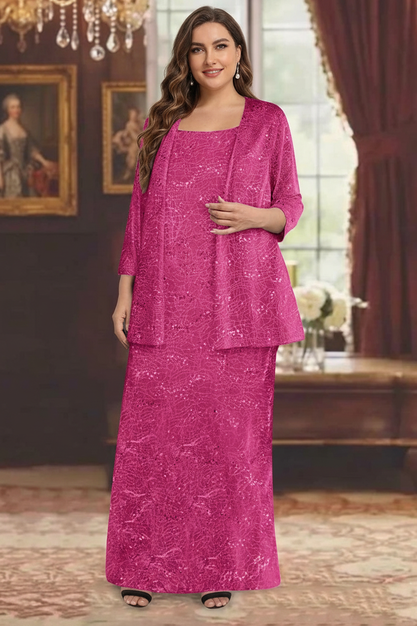 Chiffon Scoop Ankle-length Plus Size Mother of the Bride Dresses with Sequins & Jacket
