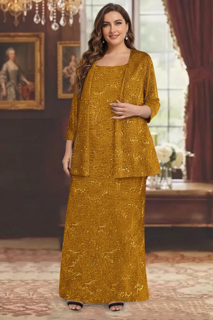 Chiffon Scoop Ankle-length Plus Size Mother of the Bride Dresses with Sequins & Jacket