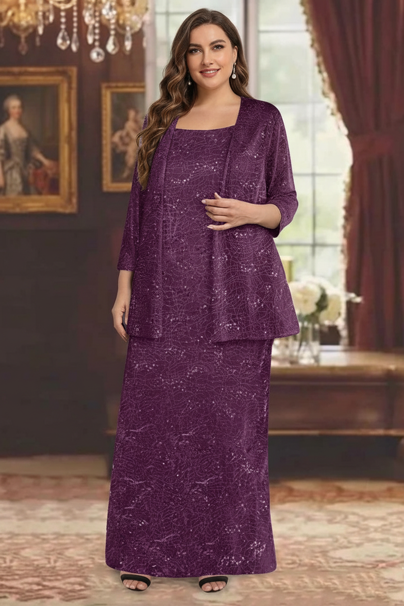 Chiffon Scoop Ankle-length Plus Size Mother of the Bride Dresses with Sequins & Jacket
