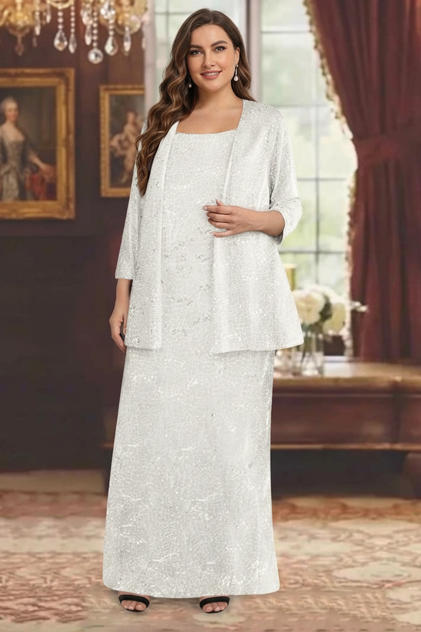 Chiffon Scoop Ankle-length Plus Size Mother of the Bride Dresses with Sequins & Jacket