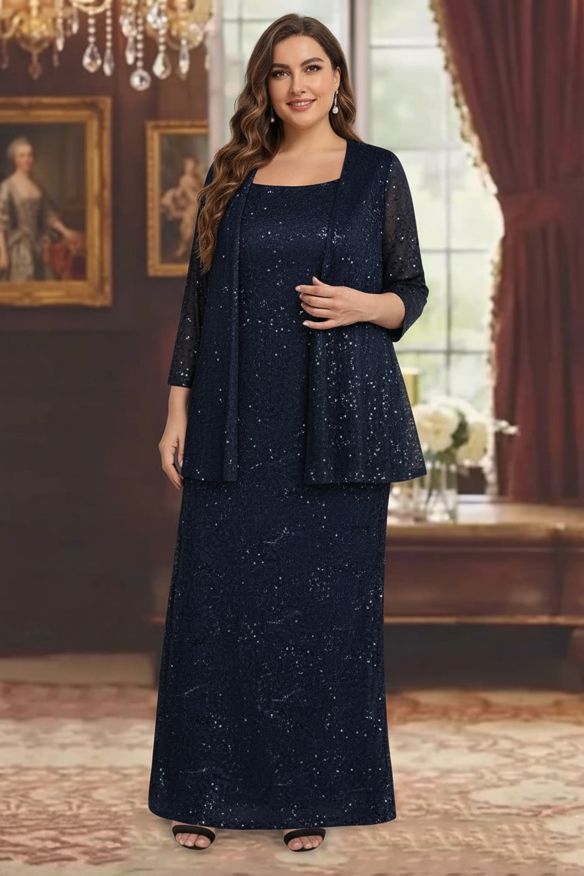 Chiffon Scoop Ankle-length Plus Size Mother of the Bride Dresses with Sequins & Jacket