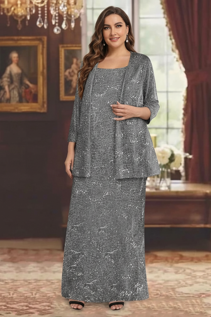 Chiffon Scoop Ankle-length Plus Size Mother of the Bride Dresses with Sequins & Jacket