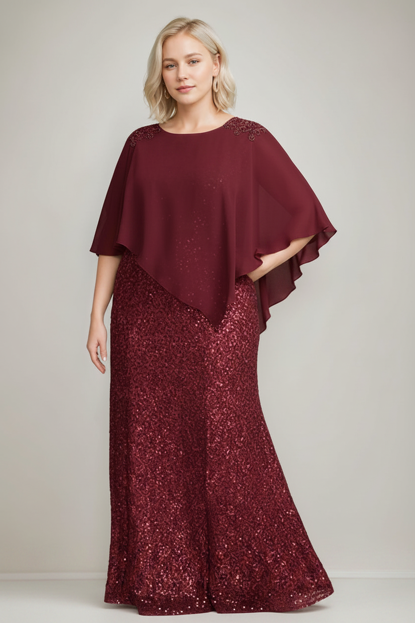 Chiffon Scoop Neck Floor-Length Luxurious Plus Size Mother of the Bride Dress with Beading Sequins