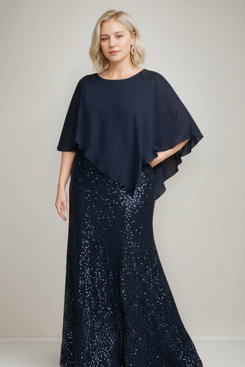 Chiffon Scoop Neck Floor-Length Luxurious Plus Size Mother of the Bride Dress with Beading Sequins