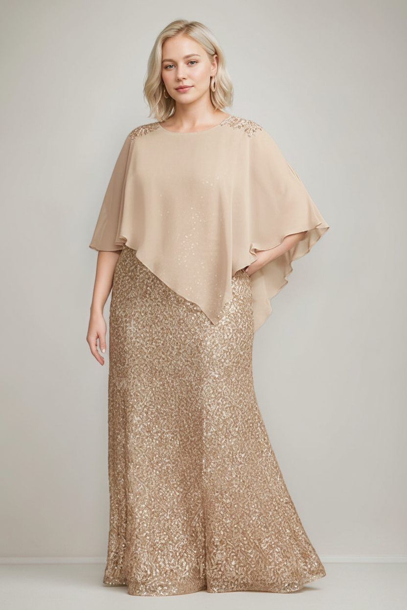 Chiffon Scoop Neck Floor-Length Luxurious Plus Size Mother of the Bride Dress with Beading Sequins