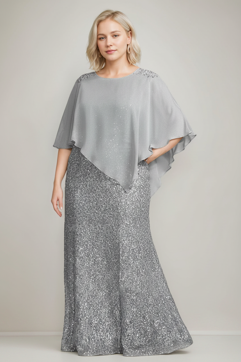 Chiffon Scoop Neck Floor-Length Luxurious Plus Size Mother of the Bride Dress with Beading Sequins