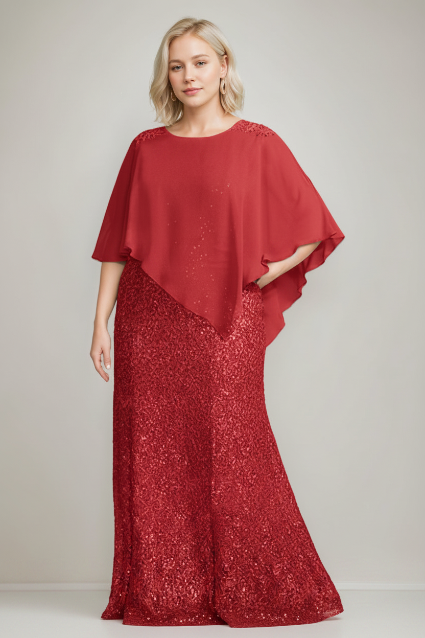Chiffon Scoop Neck Floor-Length Luxurious Plus Size Mother of the Bride Dress with Beading Sequins
