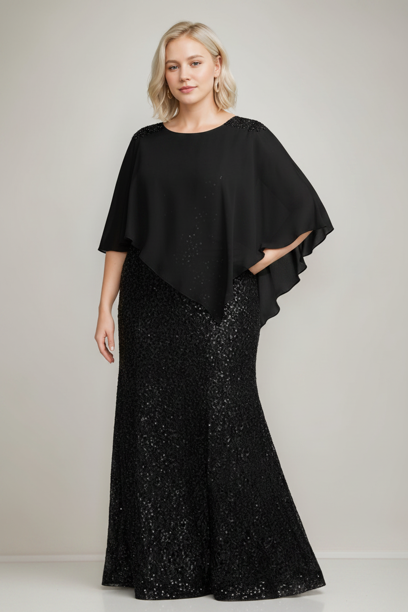 Chiffon Scoop Neck Floor-Length Luxurious Plus Size Mother of the Bride Dress with Beading Sequins