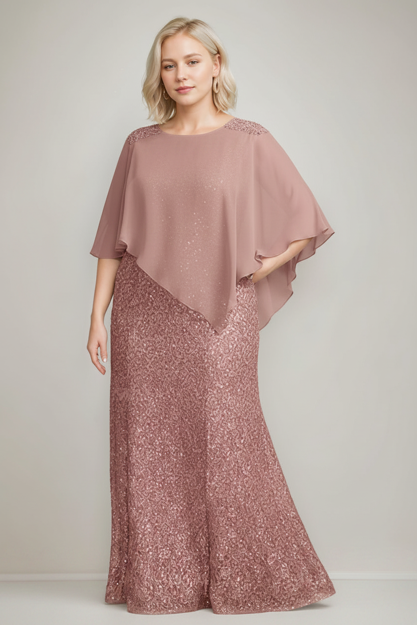 Chiffon Scoop Neck Floor-Length Luxurious Plus Size Mother of the Bride Dress with Beading Sequins