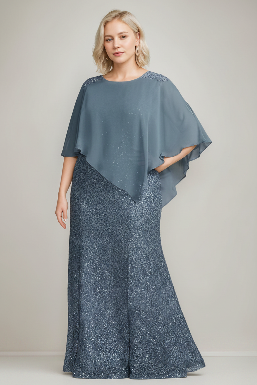 Chiffon Scoop Neck Floor-Length Luxurious Plus Size Mother of the Bride Dress with Beading Sequins