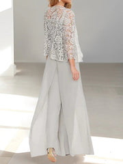 Chiffon Square Neck Floor-Length Mother of the Bride Pantsuits with Jacket & Split Side