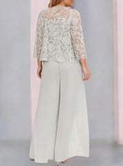 Chiffon Square Neck Floor-Length Plus Size Mother of the Bride Pantsuits with Jacket & Split Side