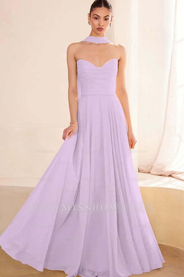 Chiffon Strapless Sleeveless Long A Line Formal Dress With Pleated