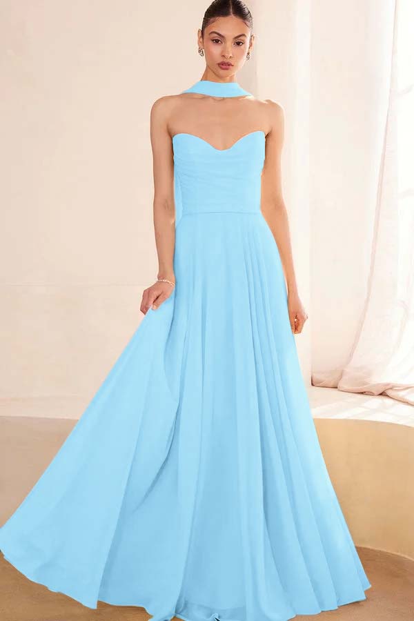 Chiffon Strapless Sleeveless Long A Line Formal Dress With Pleated