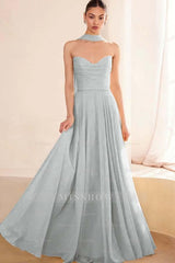 Chiffon Strapless Sleeveless Long A Line Formal Dress With Pleated