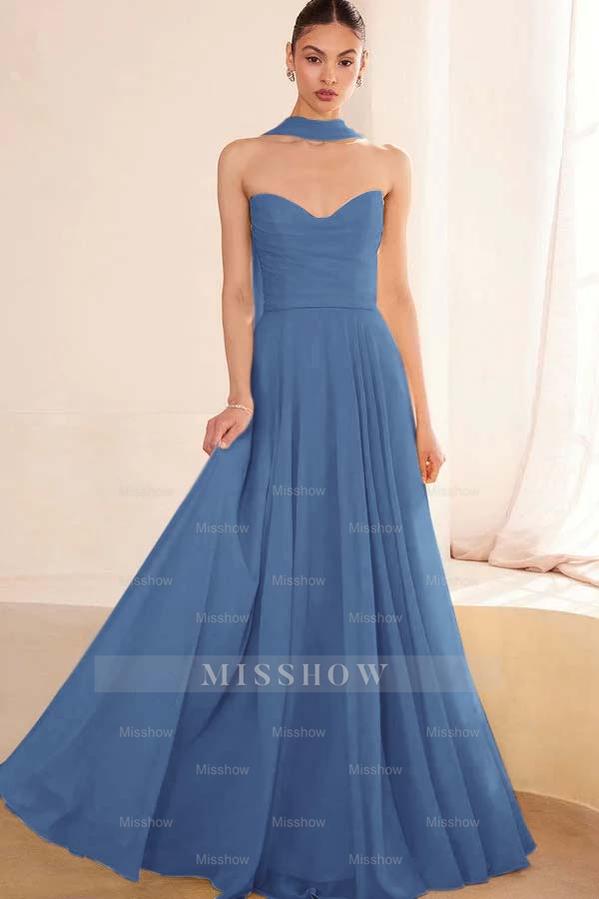 Chiffon Strapless Sleeveless Long A Line Formal Dress With Pleated