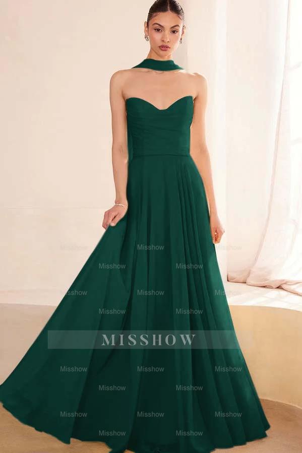 Chiffon Strapless Sleeveless Long A Line Formal Dress With Pleated