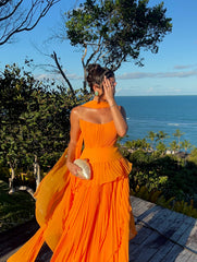 Chiffon Strapless Sleeveless Long Formal Dress With Pleated Scarf