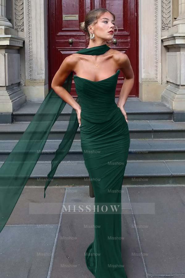 Chiffon Strapless Sleeveless Long Mermaid Formal Dress With Pleated