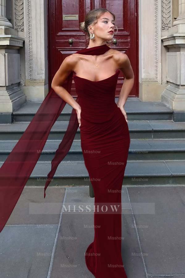 Chiffon Strapless Sleeveless Long Mermaid Formal Dress With Pleated