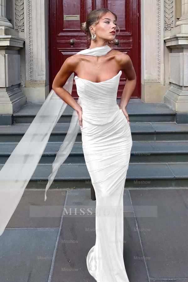 Chiffon Strapless Sleeveless Long Mermaid Formal Dress With Pleated