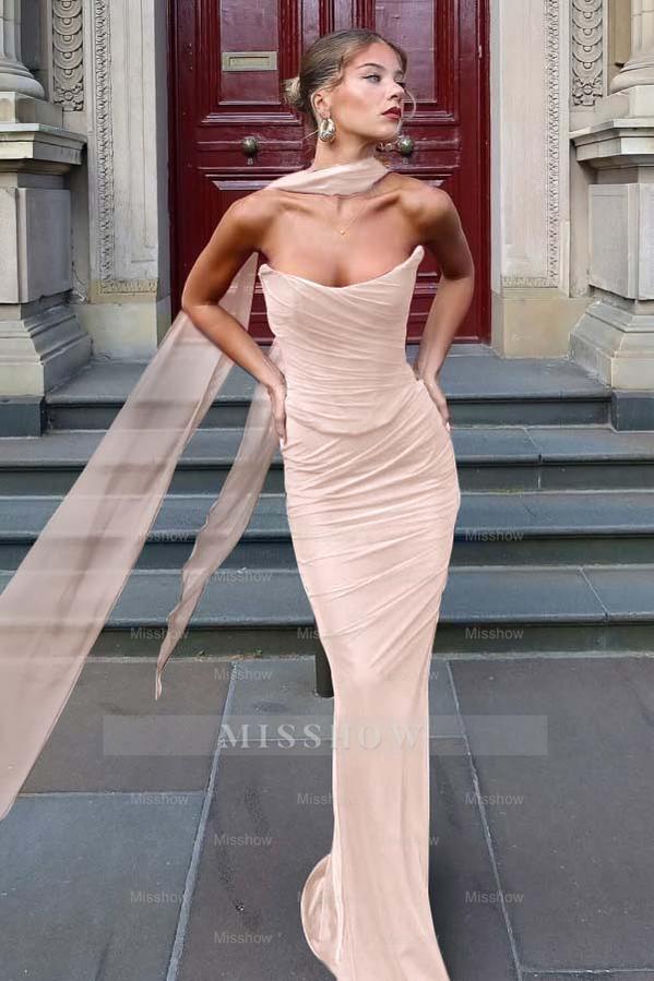 Chiffon Strapless Sleeveless Long Mermaid Formal Dress With Pleated