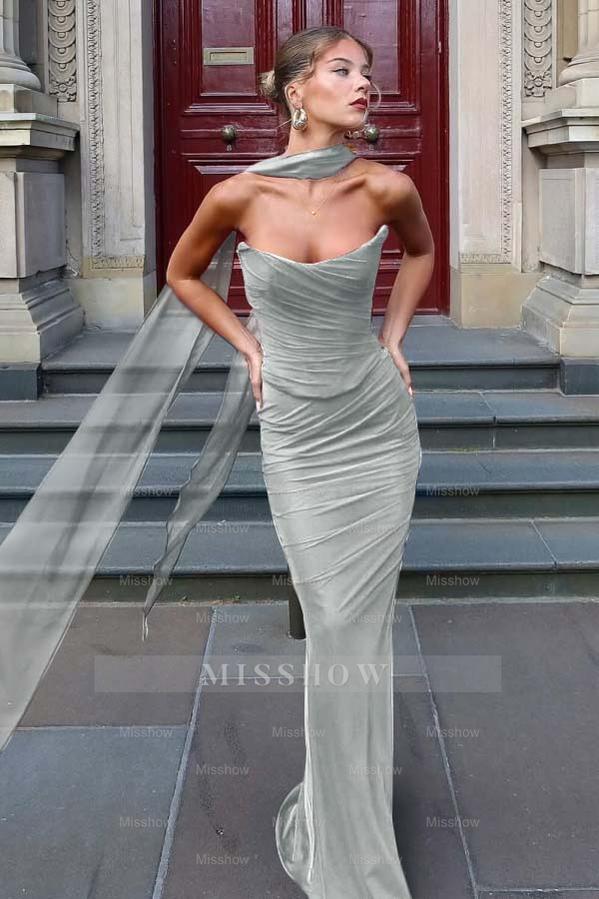 Chiffon Strapless Sleeveless Long Mermaid Formal Dress With Pleated