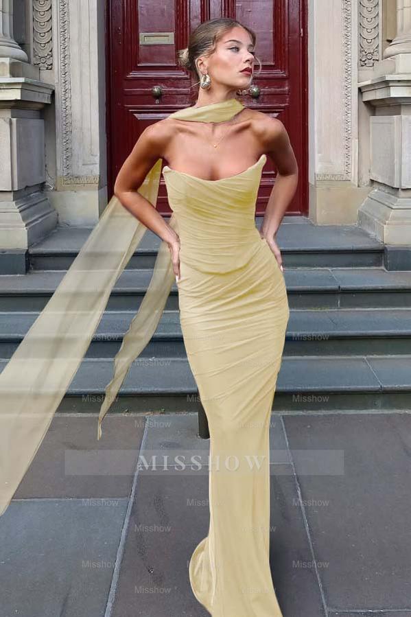 Chiffon Strapless Sleeveless Long Mermaid Formal Dress With Pleated