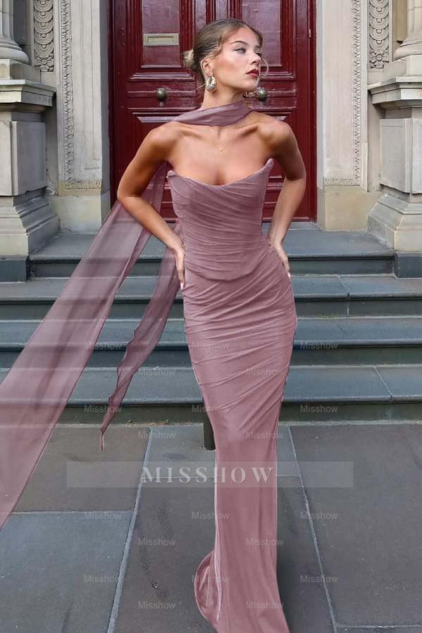 Chiffon Strapless Sleeveless Long Mermaid Formal Dress With Pleated
