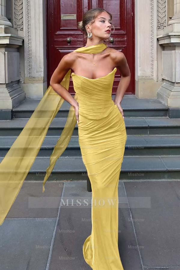 Chiffon Strapless Sleeveless Long Mermaid Formal Dress With Pleated