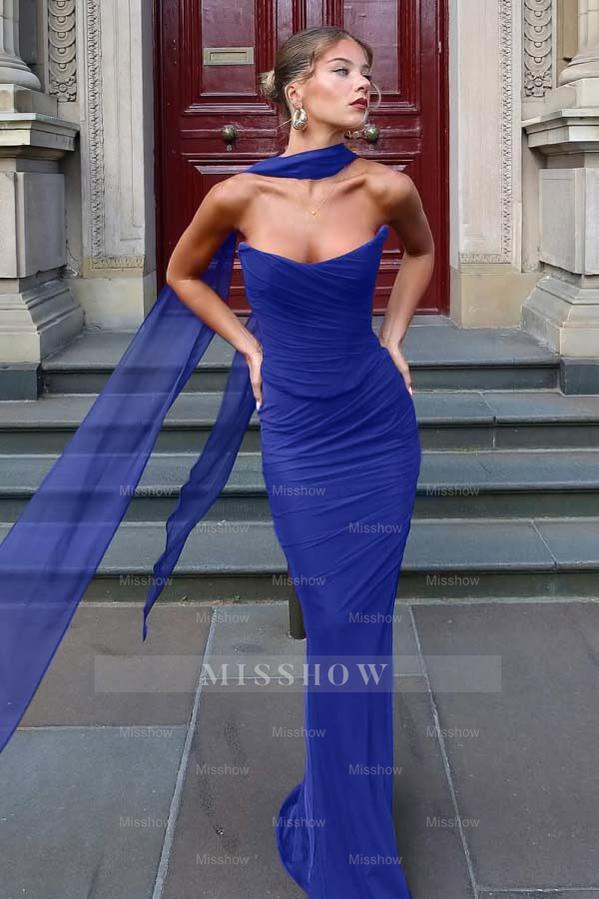 Chiffon Strapless Sleeveless Long Mermaid Formal Dress With Pleated