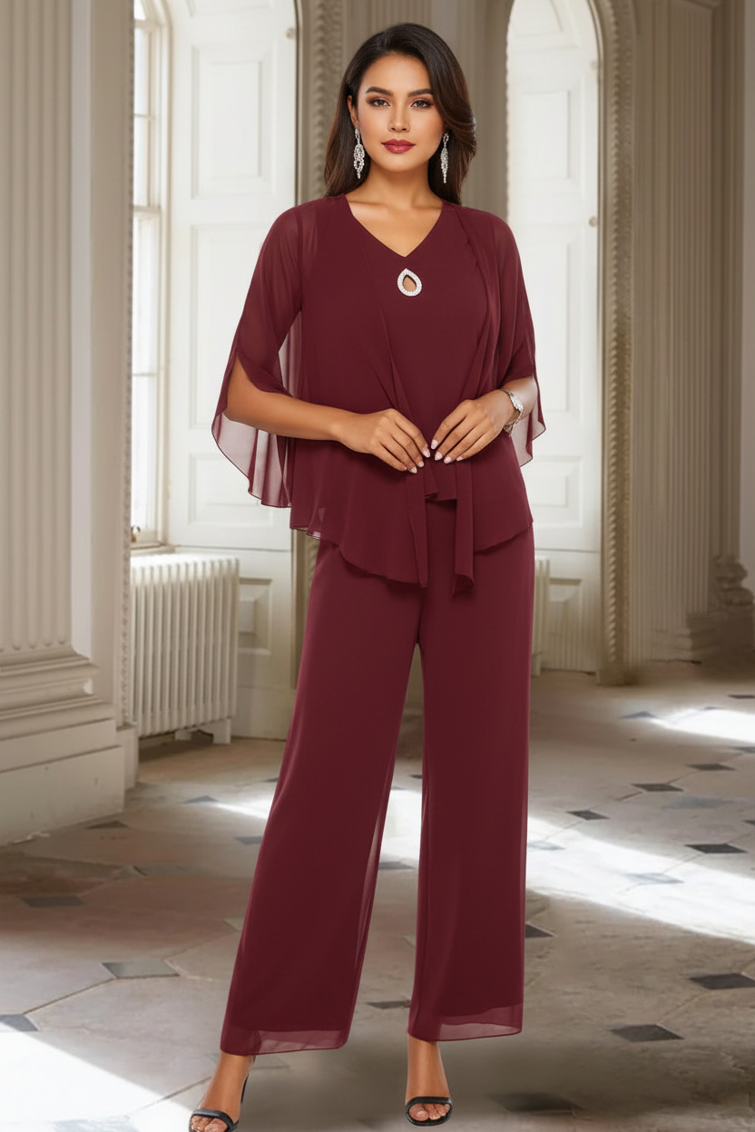 Chiffon V-Neck 3/4 Sleeves Mother of the Bride Pantsuits with Jacket Ankle-Length