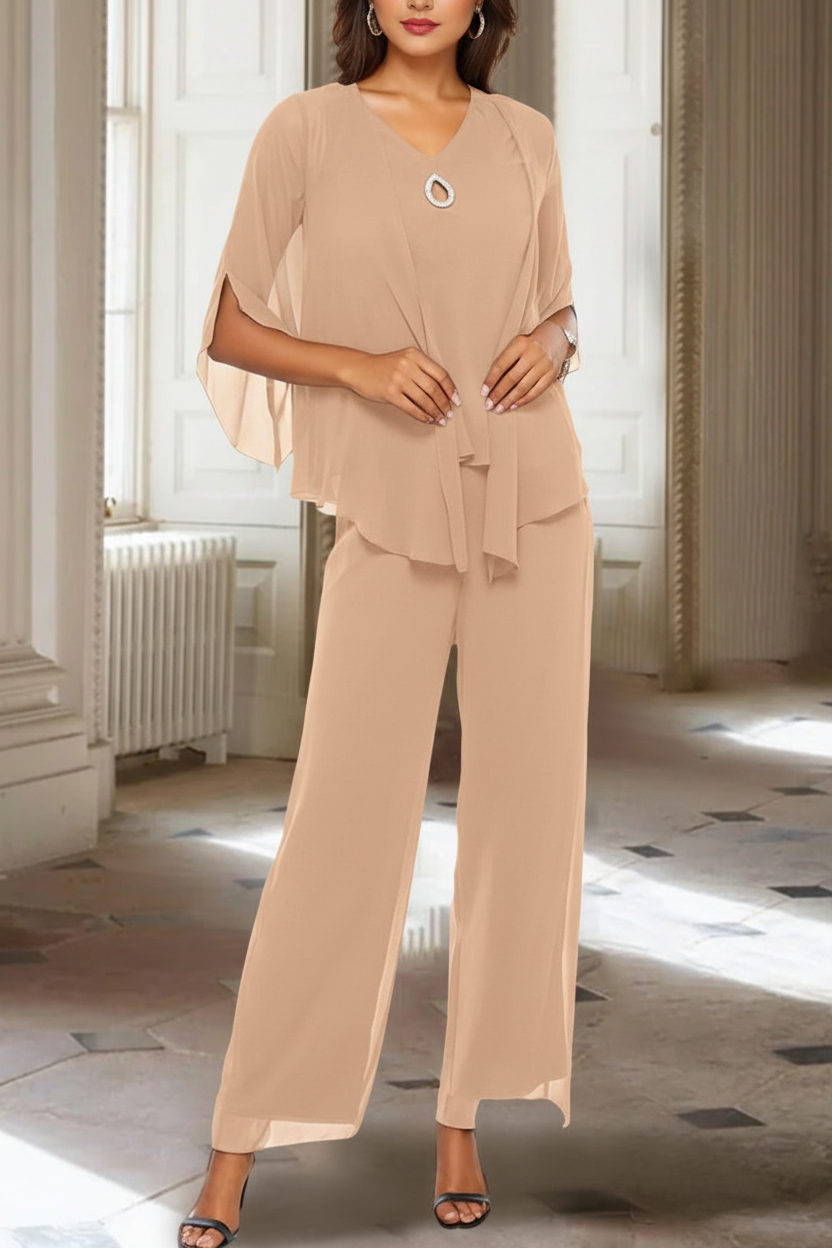 Chiffon V-Neck 3/4 Sleeves Mother of the Bride Pantsuits with Jacket Ankle-Length