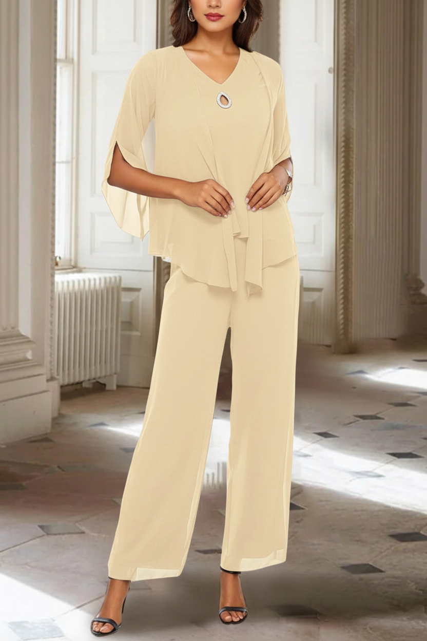 Chiffon V-Neck 3/4 Sleeves Mother of the Bride Pantsuits with Jacket Ankle-Length