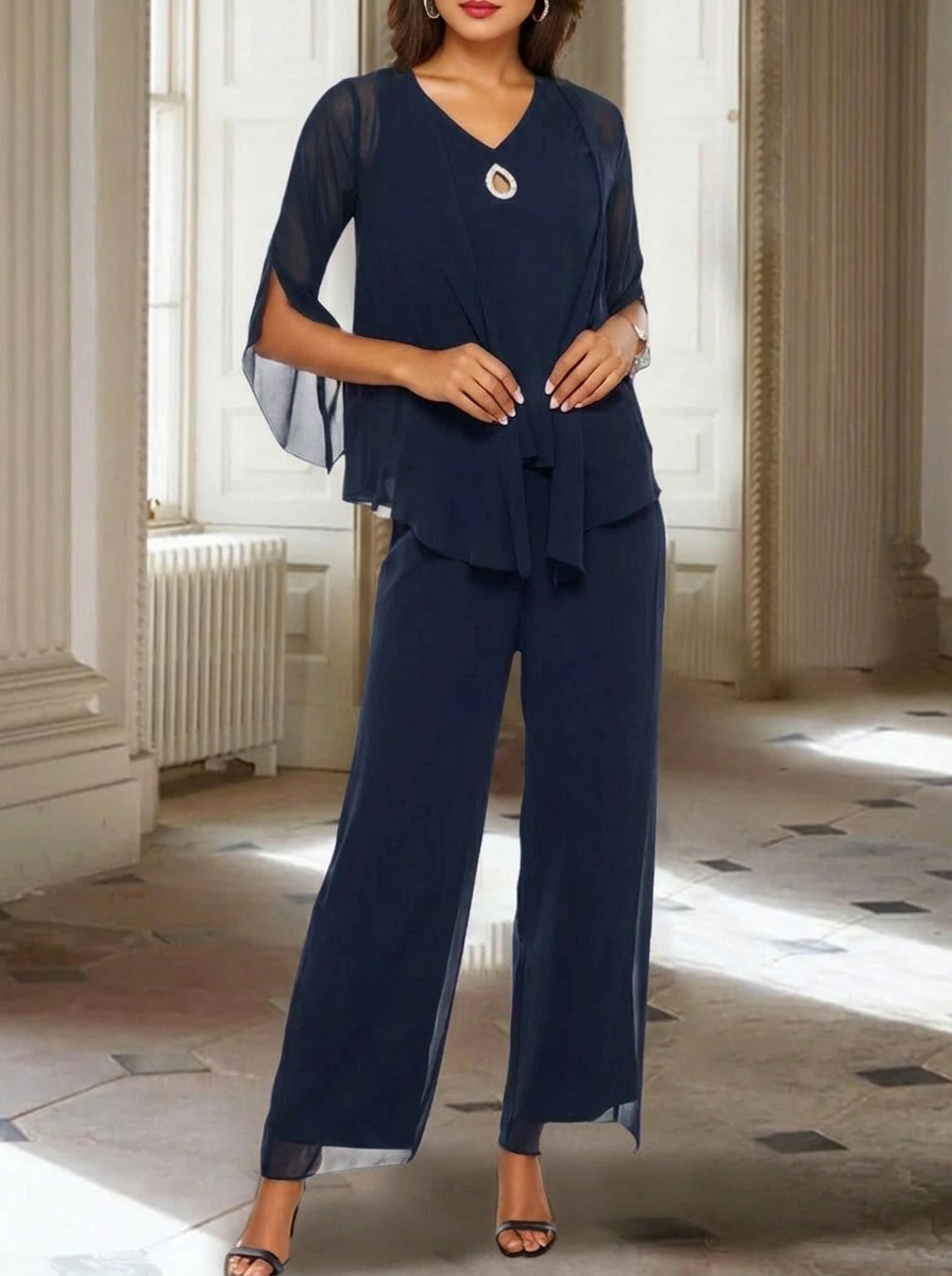 Chiffon V-Neck 3/4 Sleeves Mother of the Bride Pantsuits with Jacket Ankle-Length