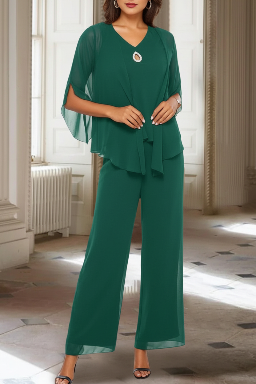 Chiffon V-Neck 3/4 Sleeves Mother of the Bride Pantsuits with Jacket Ankle-Length