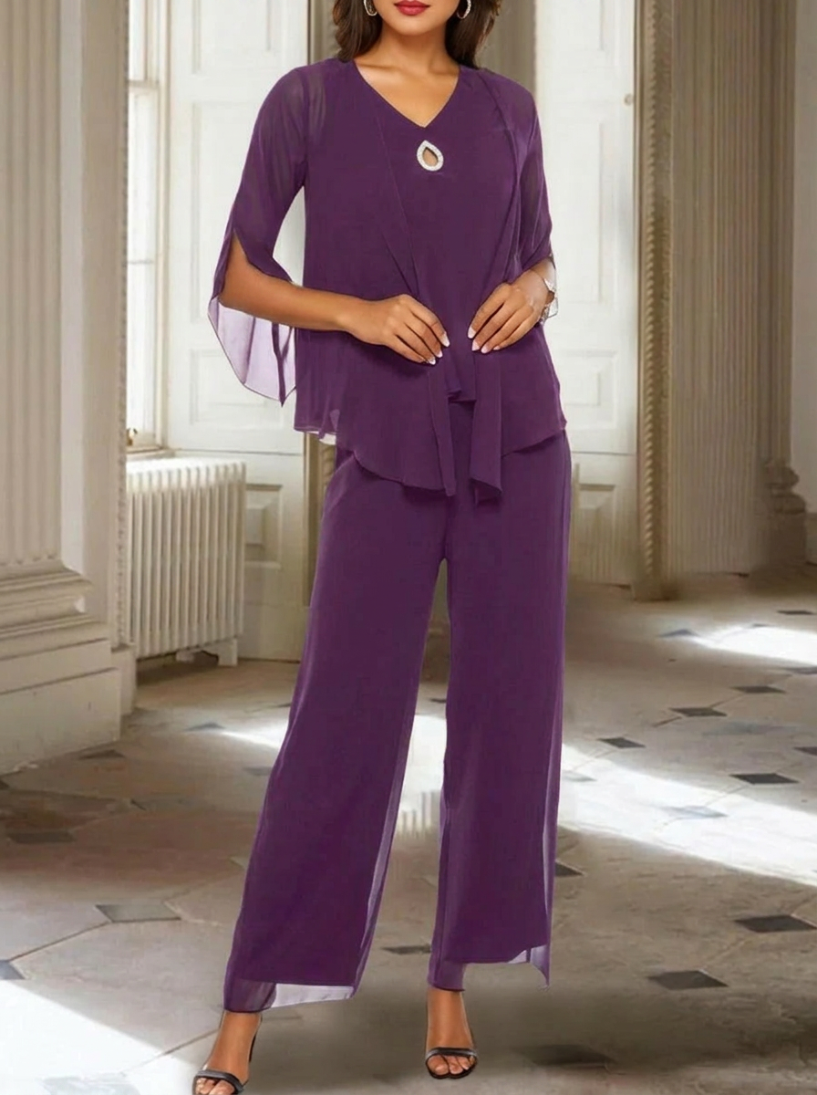Chiffon V-Neck 3/4 Sleeves Mother of the Bride Pantsuits with Jacket Ankle-Length