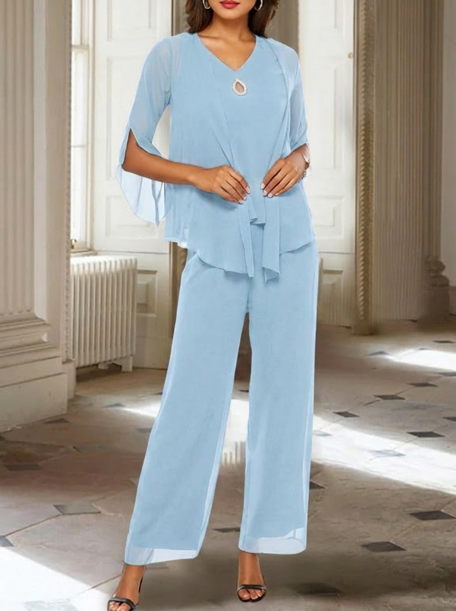 Chiffon V-Neck 3/4 Sleeves Mother of the Bride Pantsuits with Jacket Ankle-Length