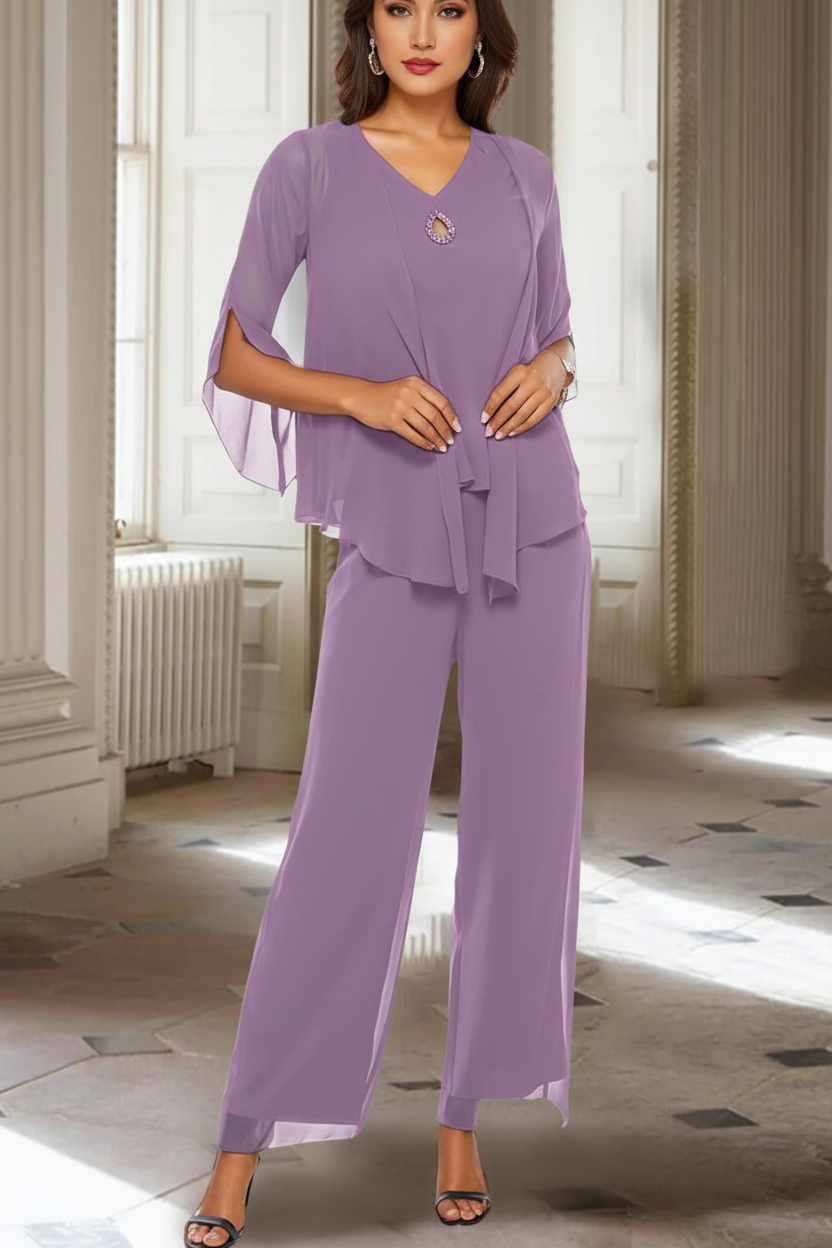 Chiffon V-Neck 3/4 Sleeves Mother of the Bride Pantsuits with Jacket Ankle-Length