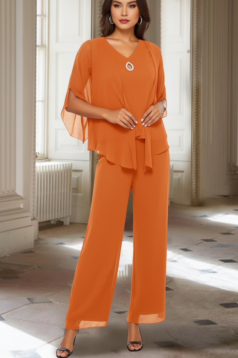 Chiffon V-Neck 3/4 Sleeves Mother of the Bride Pantsuits with Jacket Ankle-Length