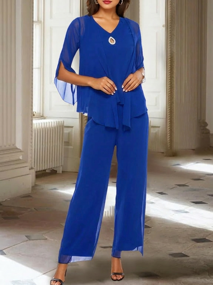 Chiffon V-Neck 3/4 Sleeves Mother of the Bride Pantsuits with Jacket Ankle-Length