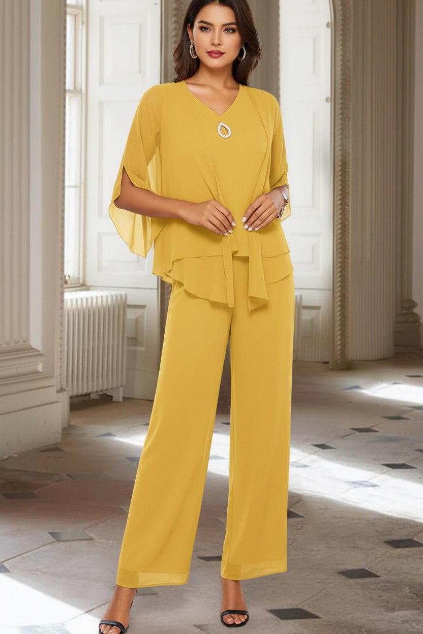 Chiffon V-Neck 3/4 Sleeves Mother of the Bride Pantsuits with Jacket Ankle-Length
