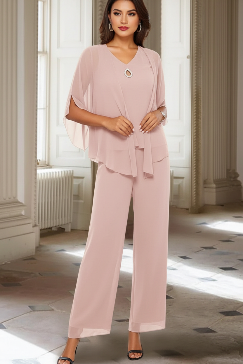 Chiffon V-Neck 3/4 Sleeves Mother of the Bride Pantsuits with Jacket Ankle-Length
