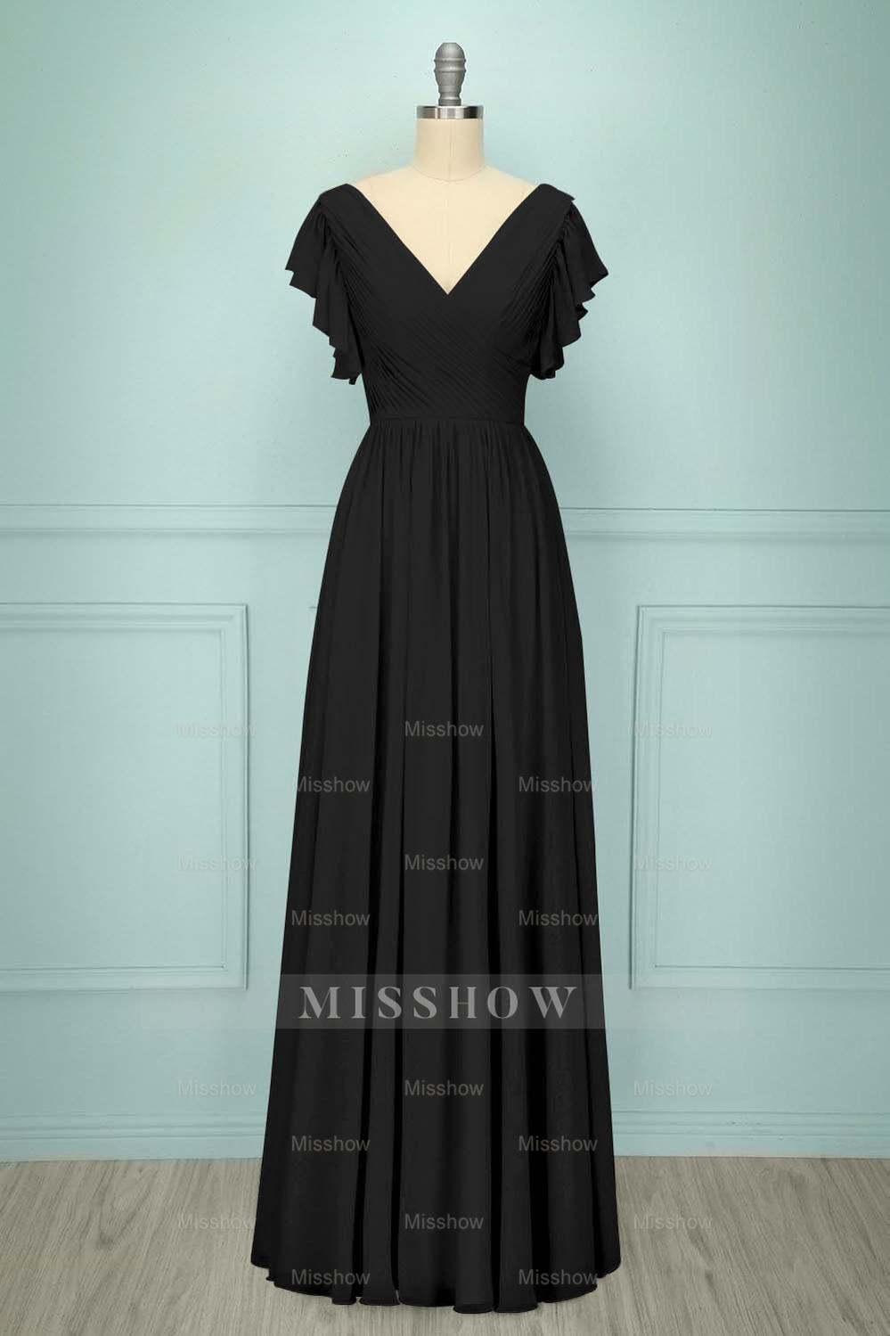 Chiffon V Neck Sleeveless Long Formal Dress With Pleated Ruffle