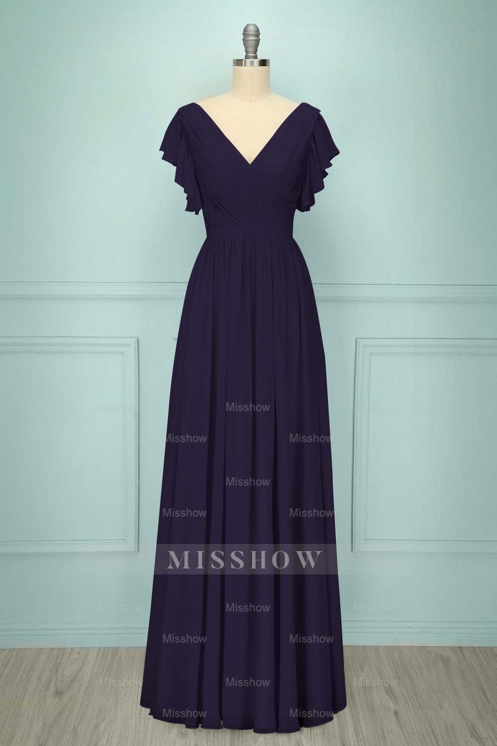 Chiffon V Neck Sleeveless Long Formal Dress With Pleated Ruffle