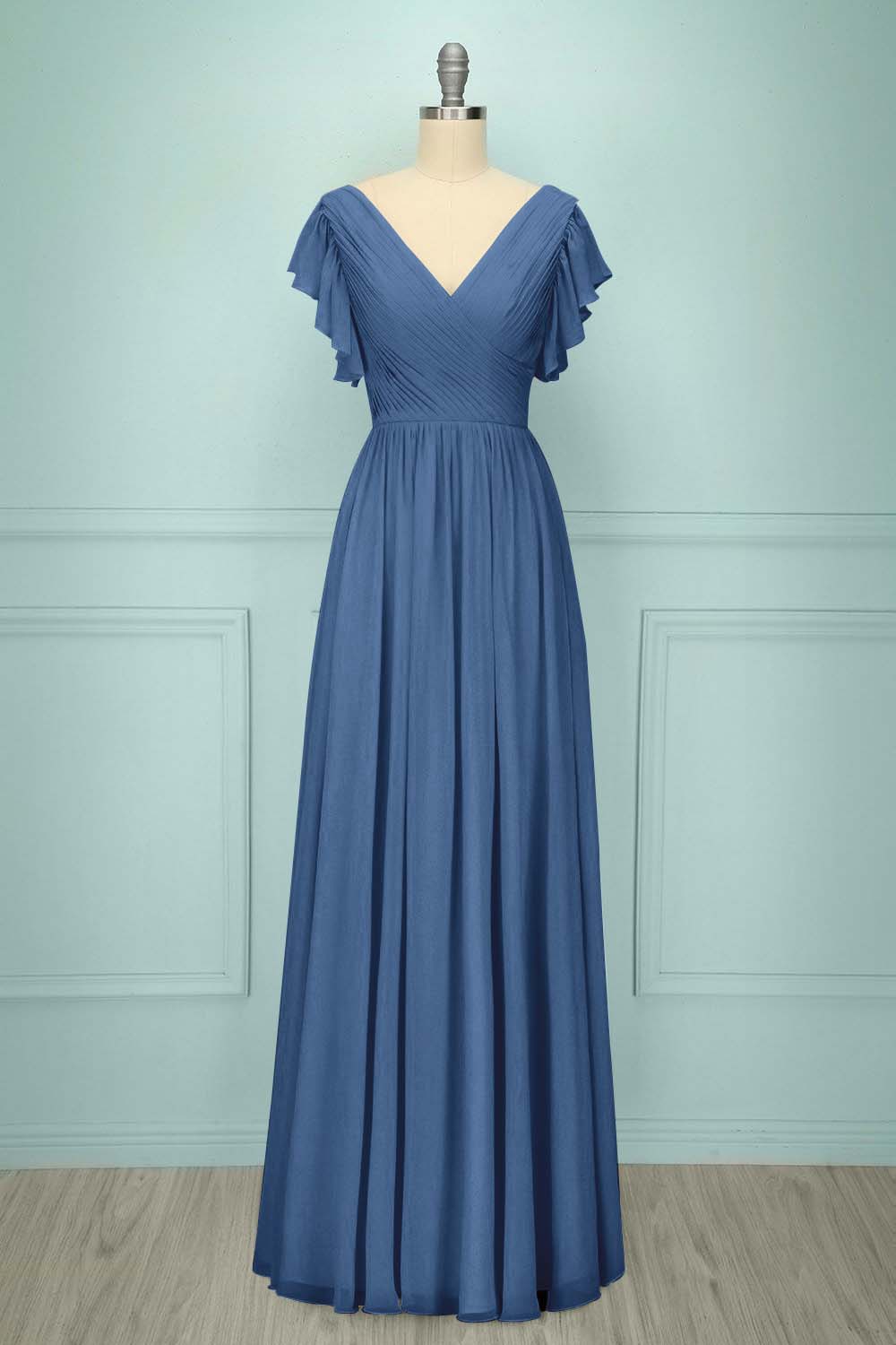 Chiffon V Neck Sleeveless Long Formal Dress With Pleated Ruffle