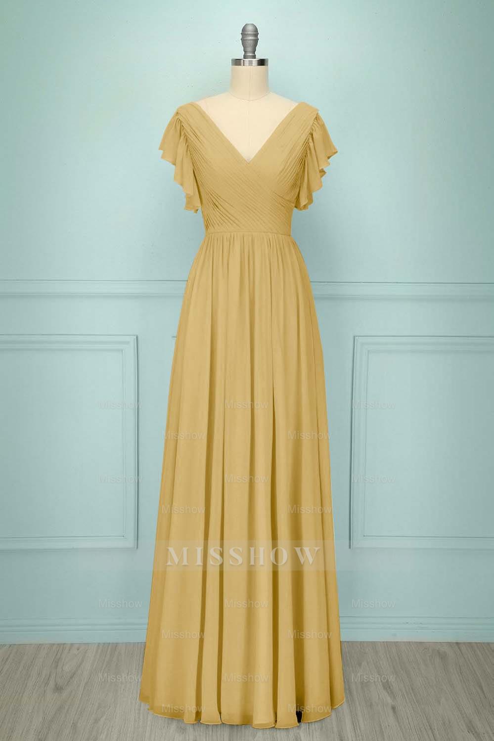Chiffon V Neck Sleeveless Long Formal Dress With Pleated Ruffle